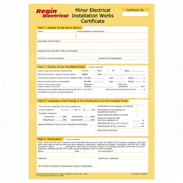 OBSOLETE - Minor Electrical Installation Work Certificates (36 Certs i - TJ5105