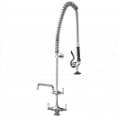PRS2121 Pre-Rinse Spray, Single Pedestal, Twin Feed, Std, 300mm Faucet, Rose H <!DOCTYPE html>
<html lang=\"en\">
<head>
<meta charset=\"UTF-8\">
<meta name=\"viewport\" content=\"width=device-width, initial-scale=1.0\">
<title>Pre-Rinse Spray Faucet</title>
</head>
<body>

<div class=\"product-description\">
<h1>Pre-Rinse Spray, Single Pedestal, Twin Feed</h1>
<ul>
<li>Standard height with a 300mm faucet reach</li>
<li>Equipped with a high-performance rose sprayer head</li>
<li>Single pedestal design for sturdy installation and space efficiency</li>
<li>Dual feed system for hot and cold water inputs</li>
<li>User-friendly lever controls for precise water flow and temperature adjustments</li>
<li>Durable stainless steel construction for longevity and easy maintenance</li>
<li>Ideal for commercial kitchens and heavy-duty cleaning tasks</li>
</ul>
</div>

</body>
</html> 