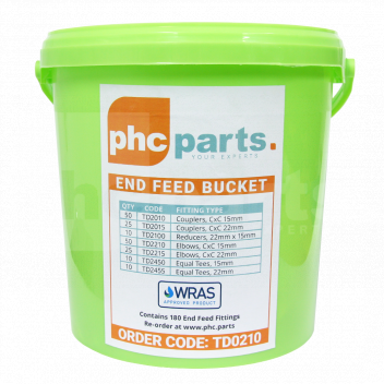 TD0210 End Feed Fittings Bucket, 180 Pieces (15mm & 22mm) <p>Bargain bucket of no less than 180 WRAS approved 15mm and 22mm end feed fittings!</p>

<p>Each bucket contains:-</p>

<ul>
	<li>50 x 15mm CxC Couplers</li>
	<li>25 x 22mm CxC Couplers</li>
	<li>10 x 22mm X 15mm Reducers</li>
	<li>50 x 15mm CxC Elbows</li>
	<li>25 x 22mm CxC Elbows</li>
	<li>10 x 15mm Equal Tees</li>
	<li>10 x 22mm Equal Tees</li>
</ul> 