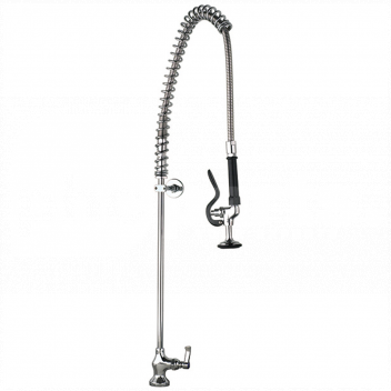 PRS1101 Pre-Rinse Spray, Single Pedestal & Feed, Std, No Faucet, Rose Head Gun <!DOCTYPE html>
<html lang=\"en\">
<head>
<meta charset=\"UTF-8\">
<meta name=\"viewport\" content=\"width=device-width, initial-scale=1.0\">
<title>Product Description</title>
</head>
<body>
<div id=\"product-description\">
<h1>Pre-Rinse Spray Unit</h1>
<ul>
<li>Single pedestal design for standalone installation</li>
<li>Standard pre-rinse setup without faucet</li>
<li>Durable rose head spray gun for powerful cleaning</li>
<li>Flexible feed lines for easy water connection</li>
<li>Robust construction suitable for commercial kitchens</li>
</ul>
</div>
</body>
</html> 