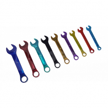 TK10462 Colour Coded Stubby Combination Spanners (Set 9) 6-14mm, c/w Holder <ul>
	<li>Drop-forged, Chrome Vanadium steel combination spanners.</li>
	<li>Hardened, tempered and chrome plated for corrosion resistance.</li>
	<li>Fully polished, colour coded finish for immediate size identification.</li>
	<li>Stubby size for ease of access and use in appliances.</li>
	<li>WallDrive&reg