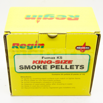 TJ1187 Smoke Pellets, Fumax King Size, Tub of 50, Regin <p>King size smoke pellets are the most popular smoke pellet of choice as they release more smoke per meter squared than almost any other product on the market. Great for testing the integrity of chimneys and flues.</p>

<p>If you don&rsquo