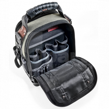 TJ6020 Veto Pro Tool Bag, Tech MCT, 44 Pockets, 5yr Warranty <p>With 44 pockets inside and out and a center panel design, the Tech MCT has two storage bays with ample room for hand tools, meters, and a compact cordless drill, as well as smaller tool and accessories. It also includes D-rings, bit extension and memory stick pockets, and a stainless steel tape clip as well as a quick access outside pocket for drill bit extensions and small items. An over-molded ergonomic grip and a 3&Prime