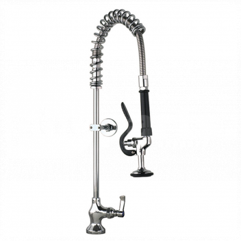 PRS1201 Pre-Rinse Spray, Single Pedestal & Feed, Short, No Faucet, Rose Head <!DOCTYPE html>
<html lang=\"en\">
<head>
<meta charset=\"UTF-8\">
<meta name=\"viewport\" content=\"width=device-width, initial-scale=1.0\">
<title>Pre-Rinse Spray Product Description</title>
</head>
<body>
<article>
<h1>Pre-Rinse Spray Unit</h1>
<p>Experience efficiency in pre-washing with this top-quality pre-rinse spray unit. Ideal for commercial kitchens, this unit is designed to streamline your cleaning process without the need for an additional faucet.</p>
<ul>
<li>Easy-to-use single pedestal design</li>
<li>Convenient short stature for under-hood installation</li>
<li>Durable rose spray head for optimal coverage</li>
<li>Includes pre-installed water feed lines</li>
<li>No additional faucet required for operation</li>
</ul>
</article>
</body>
</html> 
