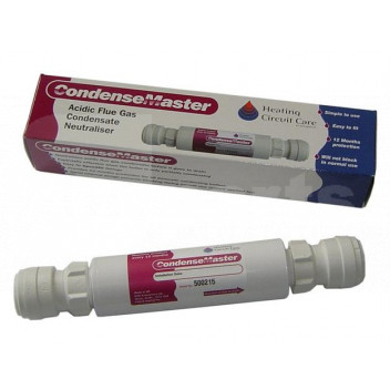 FC0215 Condensate Neutraliser, Scalemaster Condense Master 22mm <!DOCTYPE html>
<html>
<head>
<title>Product Description - Condensate Neutraliser</title>
</head>
<body>

<h1>Condensate Neutraliser</h1>

<h2>Product Overview:</h2>
<p>The Condensate Neutraliser is a high-quality product designed to effectively neutralize the acidic condensate produced by boilers and other heating appliances. With its compact size and easy installation, this neutraliser ensures the safe disposal of condensate, preventing any potential damage to drainage systems.</p>

<h2>Product Features:</h2>
<ul>
<li>Compatible with 22mm pipes, making it suitable for a wide range of heating systems</li>
<li>Durable construction using corrosion-resistant materials, ensuring long-lasting performance</li>
<li>Provides effective neutralization of acidic condensate, protecting drainage systems from damage</li>
<li>Compact design allows for easy installation, even in tight spaces</li>
<li>Includes a clear observation window for easy monitoring of neutraliser media levels</li>
<li>Comes with all necessary fittings and accessories for hassle-free installation</li>
<li>Low maintenance requirements, reducing the need for frequent servicing</li>
<li>Designed to comply with industry standards and regulations, ensuring safety and reliability</li>
</ul>

</body>
</html> Condensate Neutralizer, Scalemaster, Condense Master, 22mm, scale inhibitor, condensate treatment, neutralizing condensate, condensate corrosion, boiler maintenance, water treatment, pH adjustment