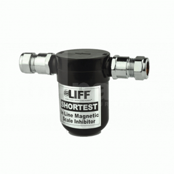 FC0854 Liff Shortest 22mm Compression Inline Scale Inhibitor <p>The Shortest is a magnetic water conditioner that uses the principles of magnetism to alter the characteristics of hard water. Once conditioned by the Shortest, limescale simply passes through a domestic hot water system without sticking to heat exchange surfaces. When used in a hard water area, the Shortest can extend the life of household hot water appliances such as shower units or hot water cylinders.</p>

<p>Specification SH22: Max flow 0.6 l/min, 22mm compression fittings, length 98mm depending on fittings used, dia 45mm, max pressure 10 bar, max water temp 25deg C, casing ABS.</p>

<ul>
 <li>One of the UK&#39