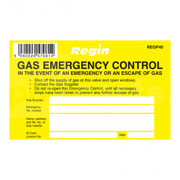 JA6102 Gas Emergency Control Sticker (Pack of 8) <!DOCTYPE html>
<html>
<head>
<title>Gas Emergency Control Sticker</title>
<style>
.product-description {
font-family: Arial, sans-serif