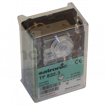 SF0043 Control Box, Oil, Satronic TF832.3, 240v, 2-Stage <!DOCTYPE html>
<html lang=\"en\">
<head>
<meta charset=\"UTF-8\">
<title>Product Description</title>
</head>
<body>
<h1>Satronic TF832.3 Control Box</h1>
<p>The Satronic TF832.3 is a reliable and efficient control box designed for use with oil burners. This 240v, 2-stage controller ensures stable operation and safety for various heating applications.</p>
<ul>
<li>Model: TF832.3</li>
<li>Compatible with oil burners</li>
<li>Electrical rating: 240v AC</li>
<li>Operation: 2-stage for precise control</li>
<li>Enhanced safety features to prevent malfunctions</li>
<li>Durable construction for long-term use</li>
<li>Easy to install and maintain</li>
<li>CE certified for quality assurance</li>
</ul>
</body>
</html> 