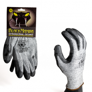 ST1296 Gloves, Cut Resistant Safety Gloves (1 Pair) Extra Large, Black Mamba <!DOCTYPE html>
<html lang=\"en\">
<head>
<meta charset=\"UTF-8\">
<title>Black Mamba Cut Resistant Safety Gloves</title>
</head>
<body>
<h1>Black Mamba Cut Resistant Safety Gloves - Extra Large</h1>
<p>Ensure the safety of your hands with the Black Mamba Cut Resistant Safety Gloves. Designed to provide ultimate protection without sacrificing dexterity and comfort.</p>
<ul>
<li>Size: Extra Large to accommodate larger hands</li>
<li>Color: Sleek black design</li>
<li>Material: High-performance polyethylene fibers and stainless steel wire for durability</li>
<li>Cut Resistance: Meets EN388 standard for blade cut resistance, offering level 5 protection</li>
<li>Grip: Reinforced PU coating on the palms and fingers for enhanced grip and control</li>
<li>Comfort: Breathable, lightweight materials for comfortable all-day wear</li>
<li>Flexibility: Designed to maintain hand flexibility and dexterity</li>
<li>Applications: Ideal for use in kitchen work, carpentry, construction, and other industries where hand protection is essential</li>
<li>Washable: Machine washable for easy cleaning and maintenance</li>
</ul>
</body>
</html> 