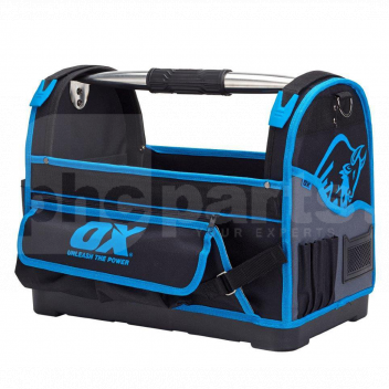 TJ1370 Open Tool Tote Bag, 18in, Ox Pro <dl class=\"collateral-tabs\" id=\"collateral-tabs\">
	<dd class=\"tab-container last current\">
	<div class=\"tab-content\">
	<div class=\"desc std\">
	<div class=\"product-features\">
	<ul>
		<li>Extremely tough construction for ultimate durability</li>
		<li>Injected polypropylene hard base</li>
		<li>Heavy-duty steel handle with rubber grip</li>
		<li>Open structure for quick and easy tool access</li>
		<li>Multiple use tool compartments</li>
		<li>Waterproof base moulded to fabric</li>
	</ul>
	</div>
	</div>
	</div>
	</dd>
</dl> 