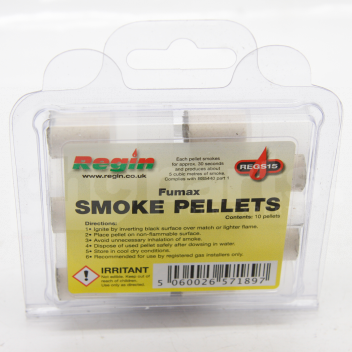 TJ1196 Smoke Pellets, Regin Fumax, Pack of 10 <!DOCTYPE html>
<html lang=\"en\">
<head>
<meta charset=\"UTF-8\">
<title>Regin Fumax Smoke Pellets</title>
</head>
<body>
<h1>Regin Fumax Smoke Pellets</h1>
<p>Pack of 10</p>
<ul>
<li>Creates consistent smoke for testing</li>
<li>Each pellet burns for approximately 60 seconds</li>
<li>Non-toxic smoke formula</li>
<li>Easy to ignite and handle</li>
<li>Generates 5 cubic meters of smoke per pellet</li>
<li>Ideal for leak detection in ventilation systems</li>
<li>Suitable for training exercises in safety and emergency</li>
<li>Comes in a convenient pack of 10 pellets</li>
</ul>
</body>
</html> 