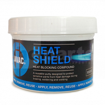 SM0900 Heat Shield, Heat Blocking Compound, Javac <p>Key Features:</p>
<ul>
<li>A reusable putty designed to protect sensitive parts from heat damage during<br />brazing, soldering and welding. No more need for messy wet rags!</li>
<li>Apply, remove and reuse - up to 40 times!</li>
<li>Handy colour changing putty shows you when you need to replace the pot.</li>
</ul> 