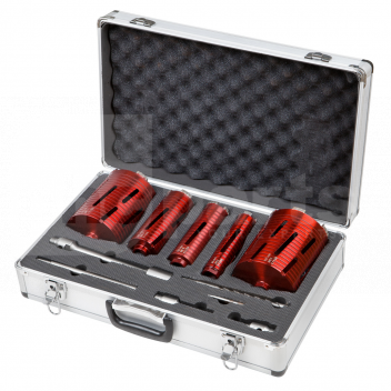 TK5022 Pro Core Drill Set, 5 Piece (38, 52, 65, 117 & 127mm) c/w Case & Accs <p>Everything you need to get started with dry core drilling in a sturdy, aluminium case.</p>

<p>High quality Spectrum 5 piece core drill set consisting of:</p>

<ul>
	<li>38mm,&nbsp