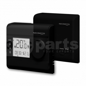 NE2137 Digital RF Room Stat (Black), 7 Day Progr., Neomitis RT7RFB+ (Boiler+) <p>This digital room thermostat has been designed for easy operation and is intended to make your life easier and help you save energy and money. The extra large LCD and ambient temperature digits mean that the display can be read from across the room and the simple rotary dial makes it the perfect for everyone who wants a digital thermostat that is easy to understand.<br />
<br />
The slide control operation and simple programming method means that everyone can set their own convenient schedule for each day of the week. Having the ability to customise each day of the week allows for greater efficiency savings. The dual optimization feature allows you to optimize your programming by favouring comfort or savings.<br />
<br />
This digital thermostat is just one of a range of products that can provide the right solution for controlling your heating system in an easy and efficient way, whether it is a new installation or an improvement to an existing one.</p>

<ul>
	<li><strong>Dual optimization feature.</strong></li>
	<li><strong>Automation: flexible programming and easy modification to combine comfort and savings.</strong></li>
	<li>Quick and easy to install, no cable to install, which means no decorative repair or flooring to disturb.</li>
	<li>Suitable for all heating applications.</li>
	<li>Large and easy to understand display.</li>
	<li>Easy to turn rotary control.</li>
	<li>Boost mode for immediate comfort.</li>
	<li>Energy savings from PID control.</li>
	<li>Reliable RF transmission with signal strength indicator, the ideal solution in home renovation: reliability, performance and easy to install.</li>
	<li>Heating indication at thermostat and RF receiver.</li>
	<li>RF receiver has built in temperature watchdog for additional frost protection.</li>
	<li>Service interval capable.</li>
</ul> 