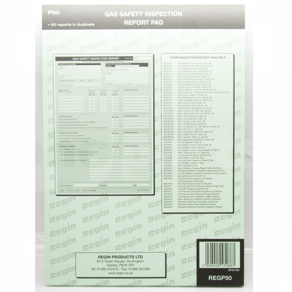 Gas Safety Inspection Report Pad (50 Reports in Duplicate) - TJ5016